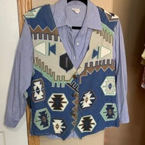 LERNER Vintage Nevada Blue Tan Aztec Southwestern Button Vest
